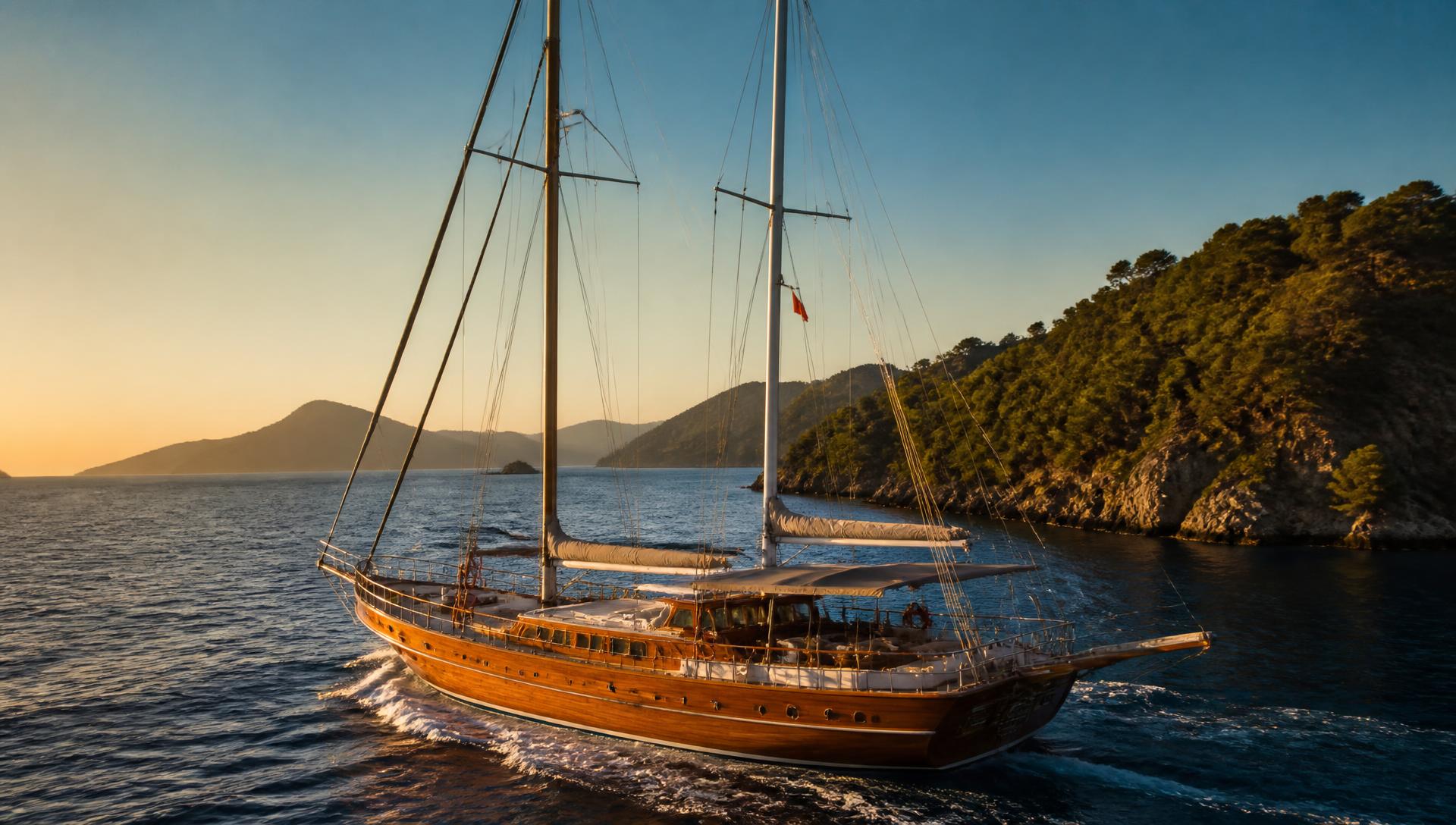 A crewed gulet at anchor in a sheltered Mediterranean bay