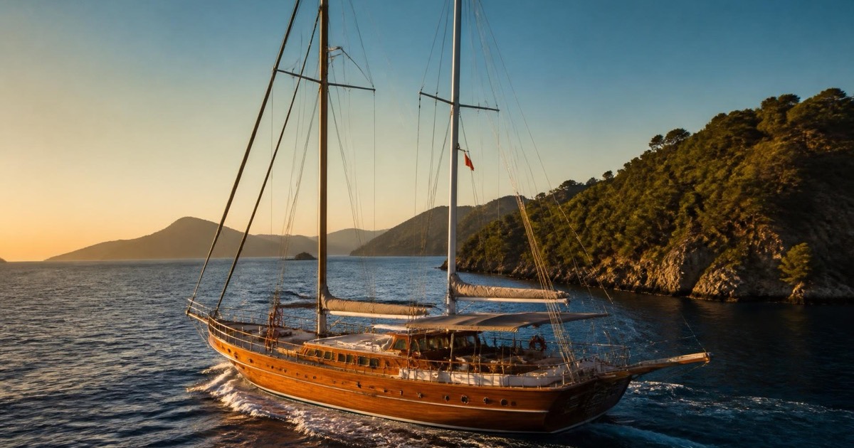 A wooden gulet under way at sunset past a pine-covered headland.